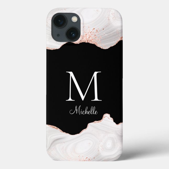 Elegantes White Rose Gold Agate Monogramm Case-Mate iPhone Hülle (Rückseite)