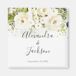 Elegantes White Rose & Gold Cursive Wedding Magnet