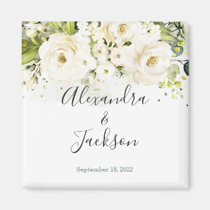 Elegantes White Rose & Gold Cursive Wedding Magnet