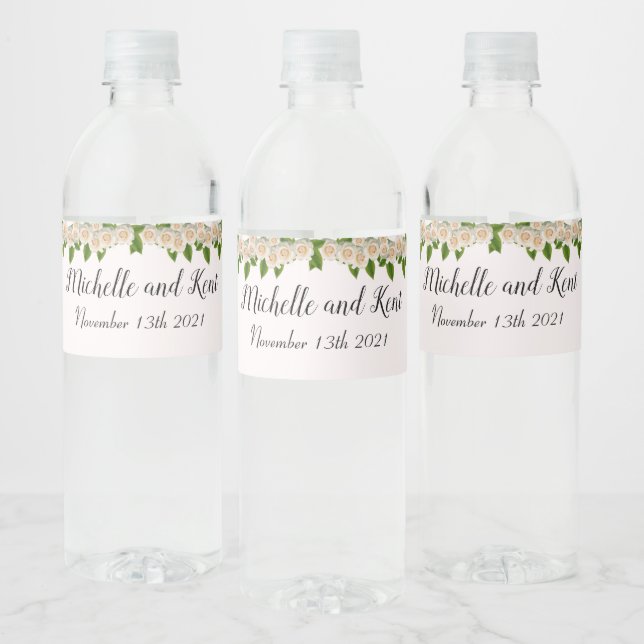 Elegantes White Roses Wedding Water Flasche Label  Wasserflaschenetikett (Flaschen)