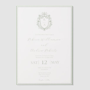 Elegantes White & Sage Green Wappen Monogram Weddi