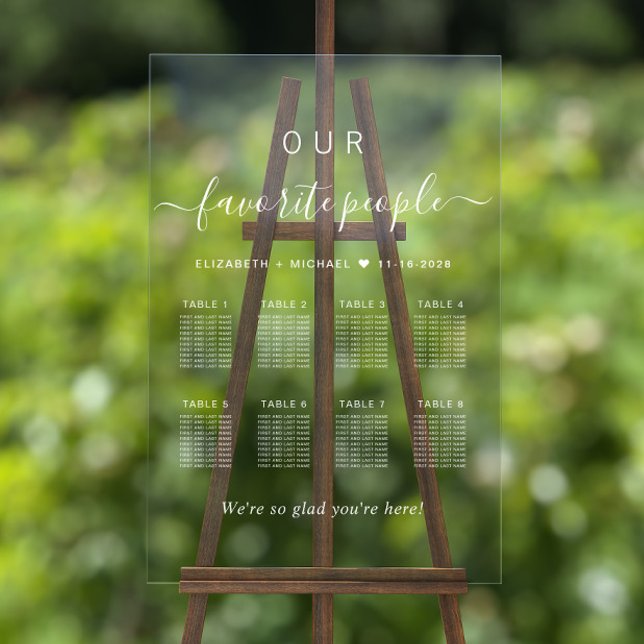 Elegantes White Script 8 Table Wedding Seating Cha Acrylschild (Von Creator hochgeladen)