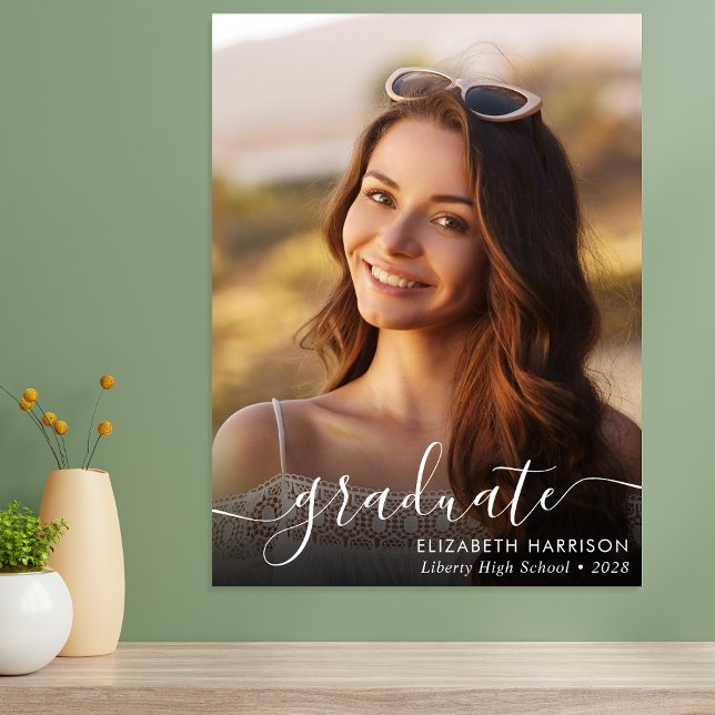 Elegantes White Script Foto Overlay Graduate Poster (Von Creator hochgeladen)