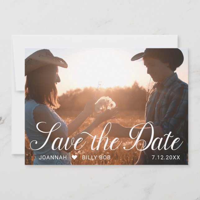 Elegantes White Script Foto Rustic Wood Save The Date (Vorderseite)