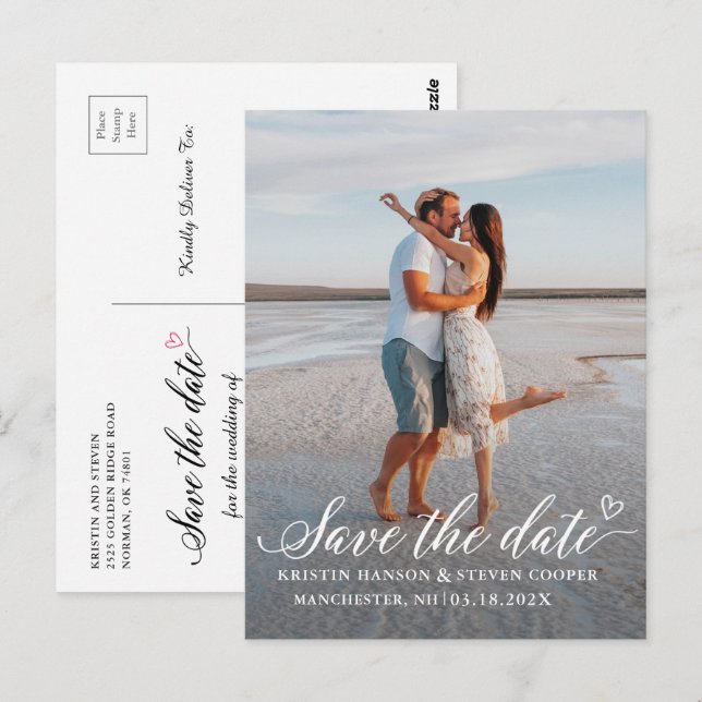 Elegantes White Script Foto Save the Date Postcard Postkarte (Vorne/Hinten)