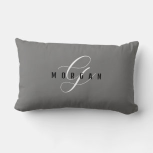 Elegantes White Script Monogram & Black Name, Gray Lendenkissen