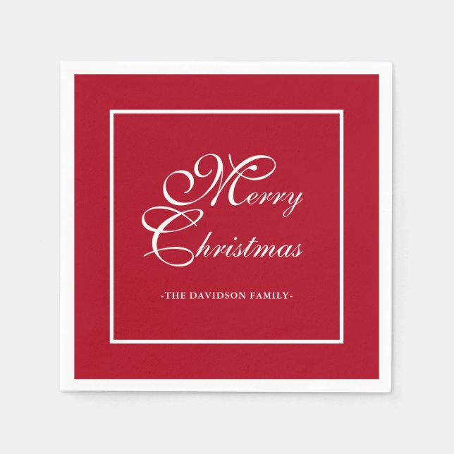 Elegantes White Script Personalisiert Red Christma Serviette (Vorderseite)