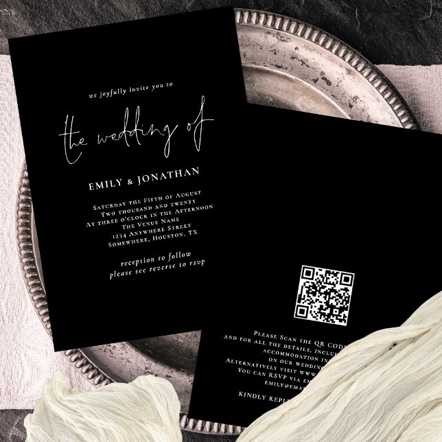 Elegantes White Script QR Code Black Wedding Einladung (Von Creator hochgeladen)