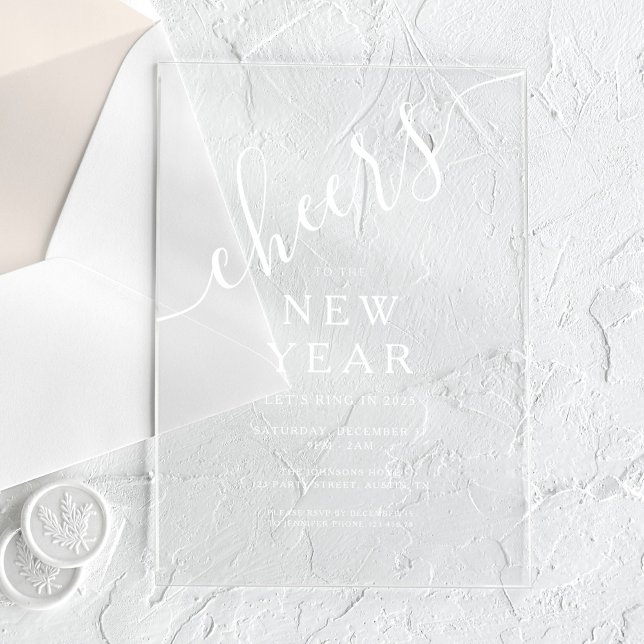 Elegantes White Script Silver Party Acryleinladungen (Elegant White Script New Year's Eve Party Acrylic Invitations)