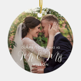 Elegantes White Script Wedding Foto Keramik Ornament