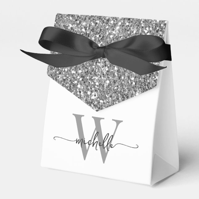 Elegantes White Silver Glitzer Monogram Name Scrip Geschenkschachtel (Vorderseite)