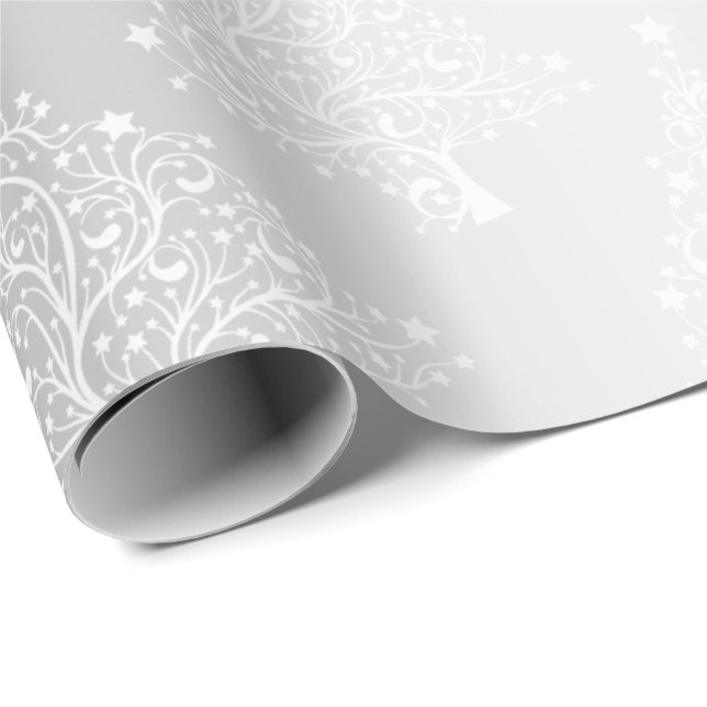 Elegantes White & Silver Weihnachtsbaummuster Geschenkpapier (Rolleneckpunkt)