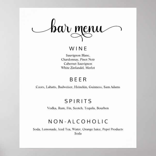 Elegantes White Wedding Bar Menu Poster (Vorne)