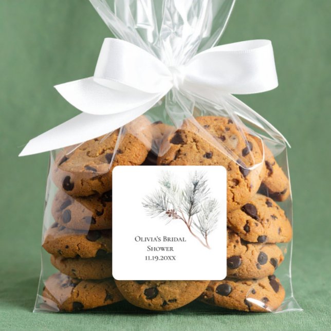 Elegantes White Winter Pine Brautparty Quadratischer Aufkleber (Von Creator hochgeladen)