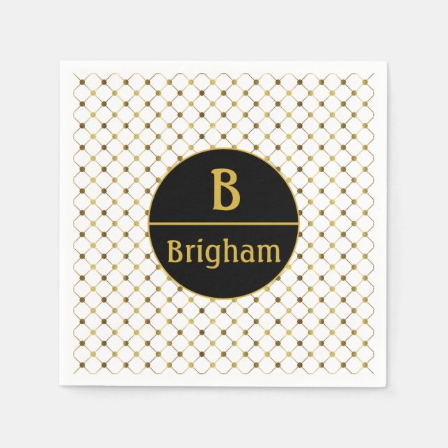 Elegantes Whiter & Gold Dot Grid Split Monogramm Serviette (Vorderseite)