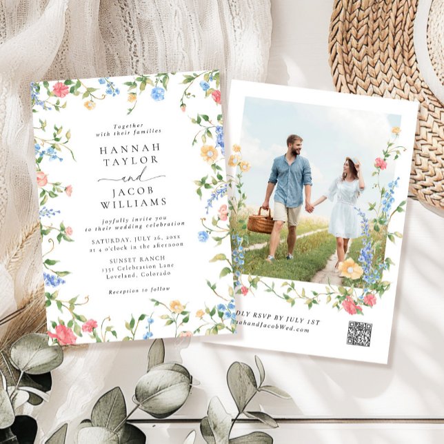 Elegantes Wildblume Foto QR Code UAWG Wedding Einladung (Von Creator hochgeladen)