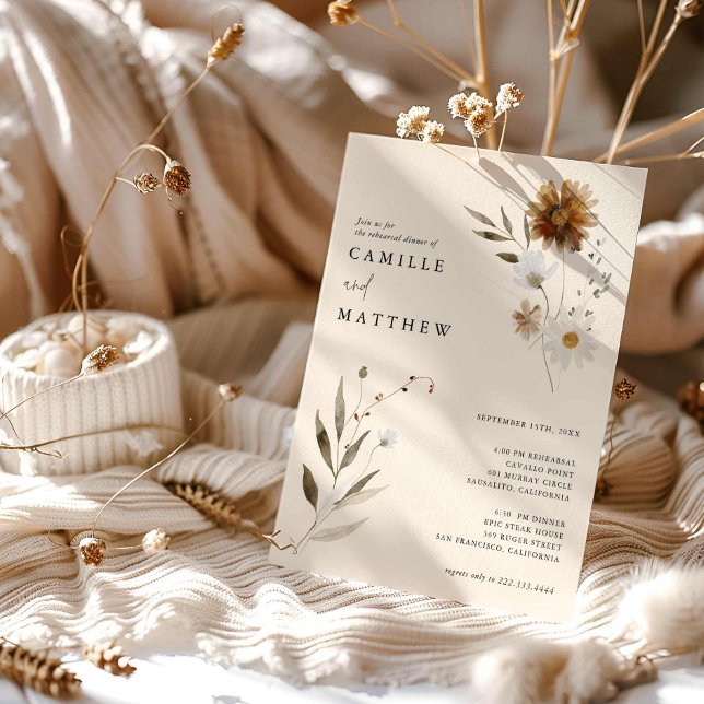 Elegantes Wildblume Herbst Probe Abendessen Einladung (Fall Floral Simple Photo Rehearsal Dinner Invitation)