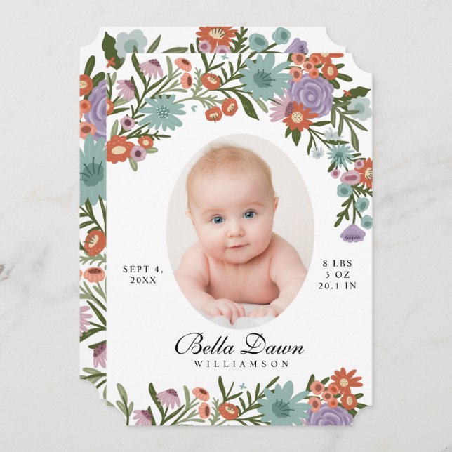Elegantes Wildblume Spring Floral Baby Foto White Einladung (Vorne/Hinten)
