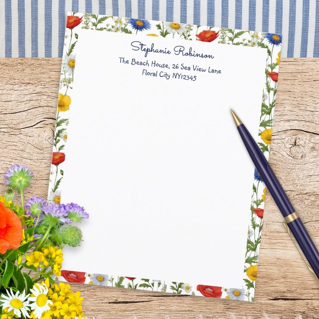 Elegantes Wildblumen farbenfrohe Blumengestecke (Beautiful writing paper, personalized with name and address, with a colorful border of wildflowers)