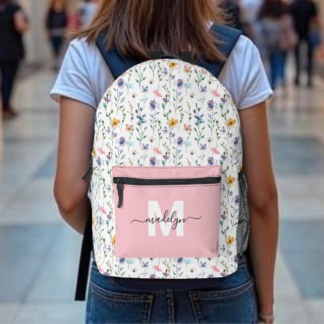 Elegantes Wildblumen-Monogramm Bedruckter Rucksack (Elegant Wildflower Monogram Printed Backpack)