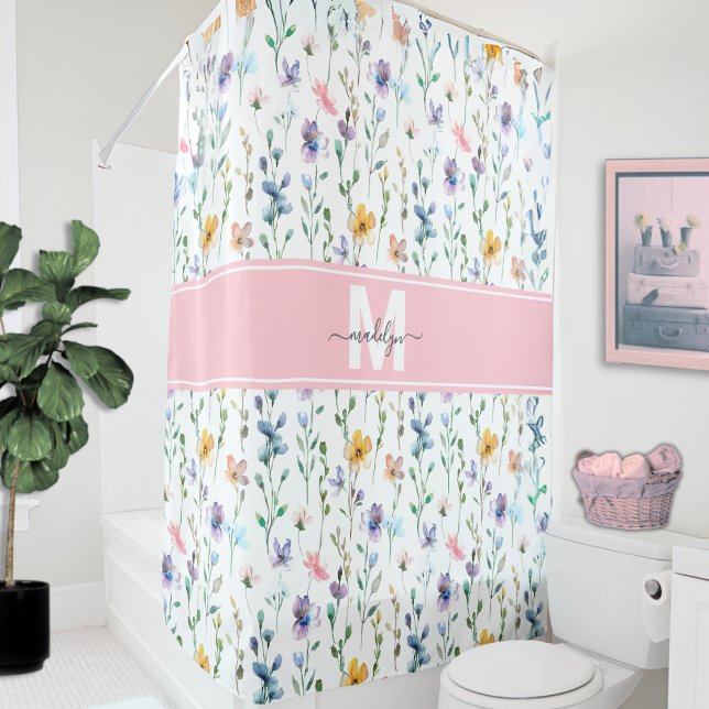 Elegantes Wildblumen-Monogramm Duschvorhang (Elegant Wildflower Script Monogram Shower Curtain)