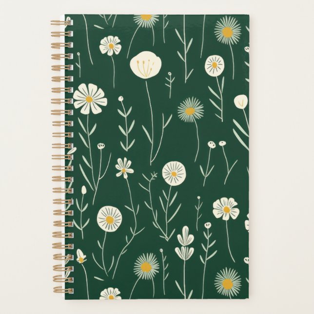 Elegantes Wildblumenmuster auf dunklem Grün  Planer (Vorderseite)