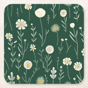 Elegantes Wildblumenmuster auf dunklem Grün Rechteckiger Pappuntersetzer