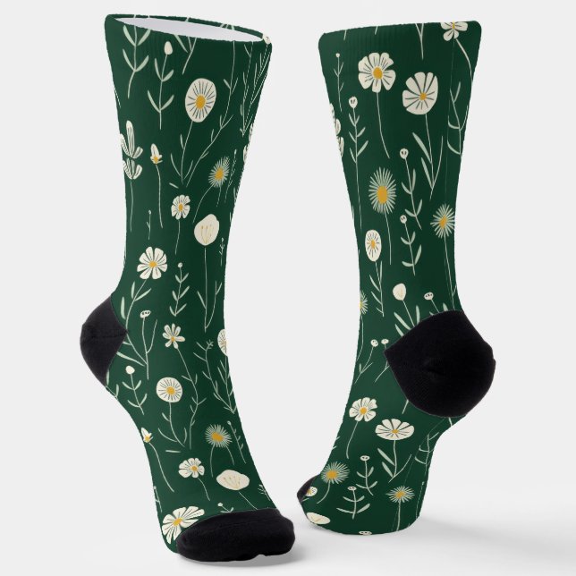 Elegantes Wildblumenmuster auf dunklem Grün  Socken (Gewinkelt)