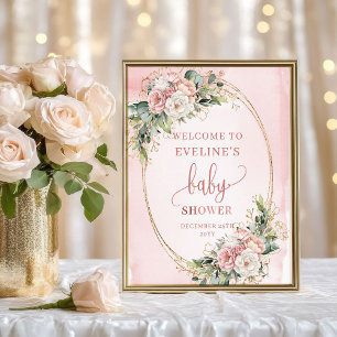 Elegantes Willkommens-Roségold-Blumen-Baby-Shower- Poster