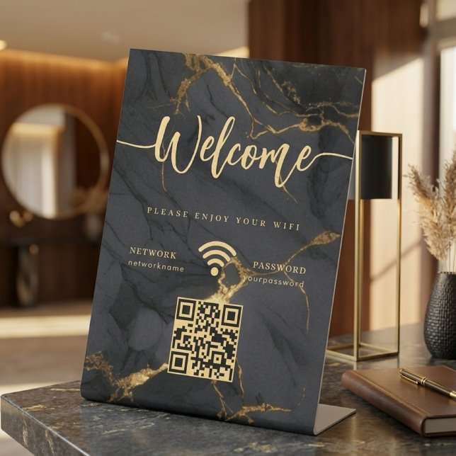 Elegantes Willkommensskript WIFI Agate Schwarzer M Sockelschild (legant Welcome Script WIFI Agate Black Marble Pedestal Sign)