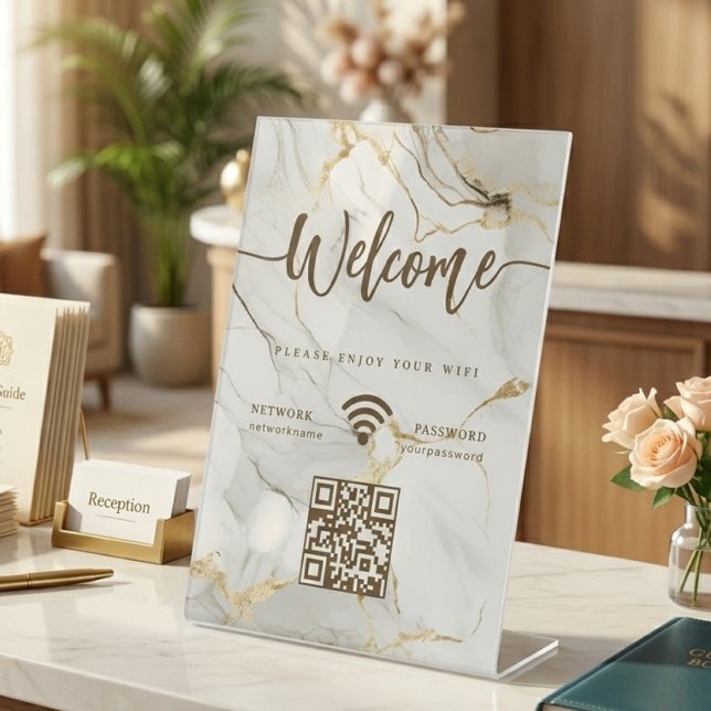 Elegantes Willkommensskript WIFI QR Code Achatmarm Sockelschild (Elegant Welcome Script WIFI QR Code Agate Marble Pedestal Sign )