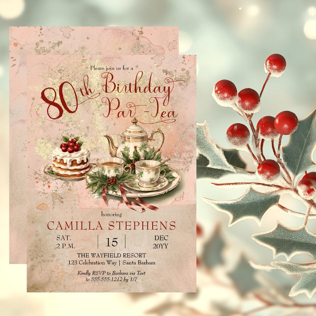 Elegantes Winter 80. Geburtstag Par-Tea-Party Einladung (Elegant Winter Floral Tea Set Holly and Berries 80th Birthday Par-Tea Party Invitation)