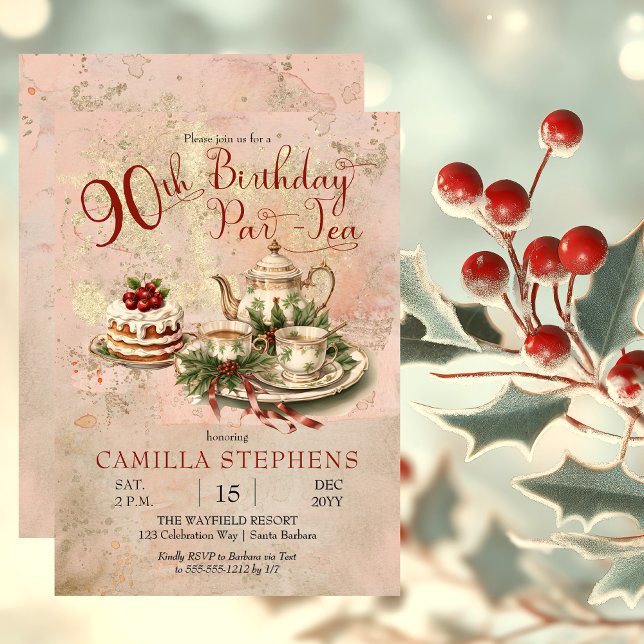 Elegantes Winter 90. Geburtstag Par-Tea-Party Einladung (Elegant Winter Floral Tea Set Holly and Berries 90th Birthday Par-Tea Party Invitation)