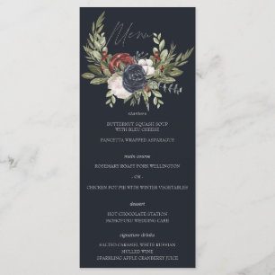 Elegantes Winter-Blumen-Boho-Botanik-Hochzeitsmenü Menükarte