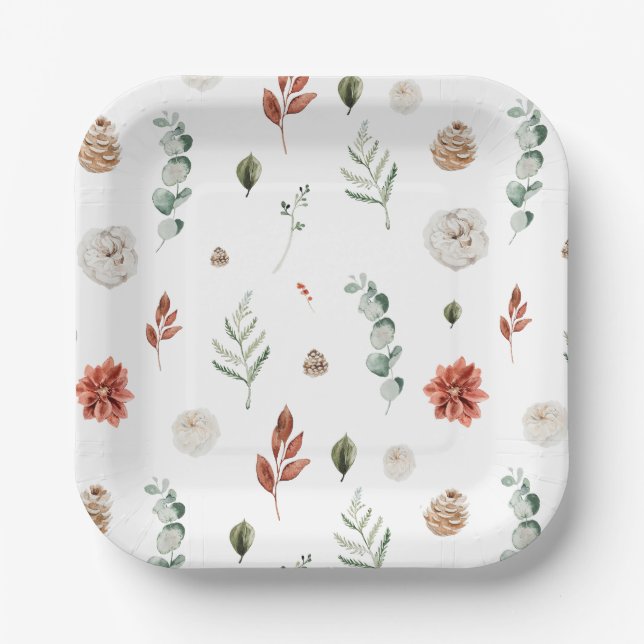 Elegantes Winter Botanisches Rotes Brautparty Pappteller (Vorderseite)