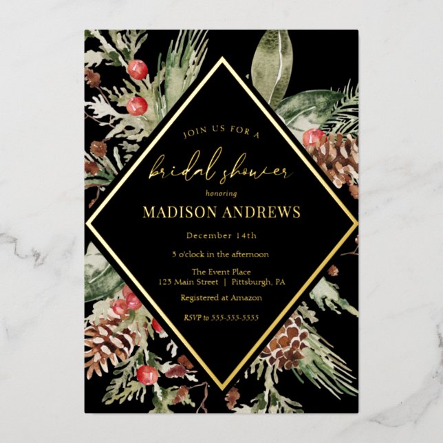 Elegantes Winter Evergreen Poinsettia Brautparty Folieneinladung (Vorderseite)