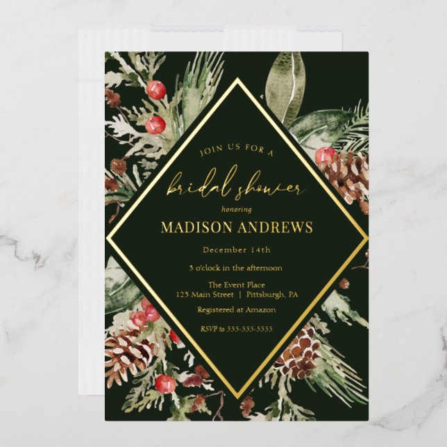 Elegantes Winter Evergreen Poinsettia Brautparty Folieneinladung (Briefumschlag)