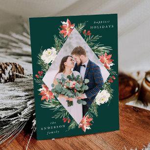 Elegantes Winter Floral Green Geometric Frame Foto Feiertagskarte
