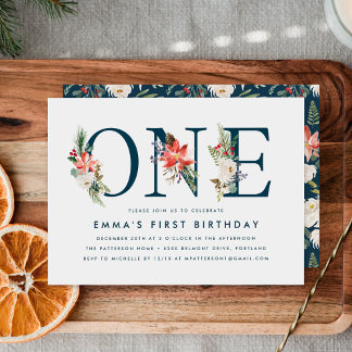Elegantes Winter Floral Navy 1. Geburtstag Party Einladung