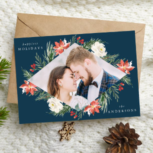 Elegantes Winter Floral Navy Geometric Frame Foto Feiertagskarte