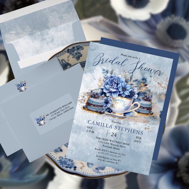 Elegantes Winter Floral Teacup Brautparty Einladung (Elegant Victorian Blue Floral Bridal Shower Tea Party Invitation)