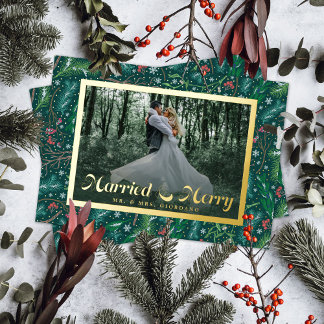 Elegantes Winter Floral Verheiratet & Merry Foto Folien Feiertagskarte