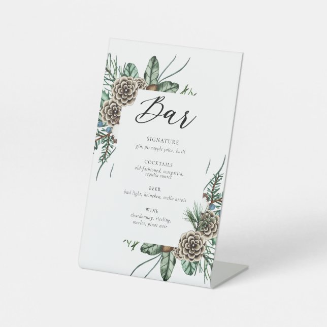 Elegantes Winter Floral Wedding Bar Sign Sockelschild (Vorderseite)