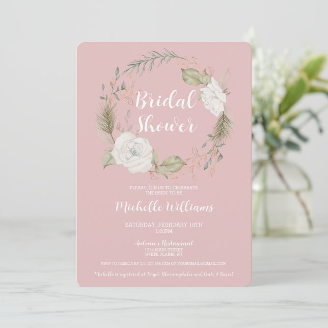 Elegantes Winter Floral Wreath Brautparty Einladung (Stehend Vorderseite)