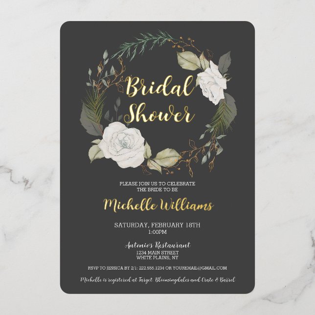 Elegantes Winter Floral Wreath Brautparty Folieneinladung (Vorderseite)