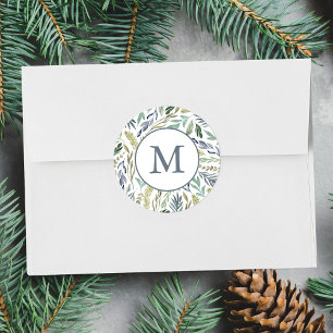 Elegantes Winter Foliage Holiday Monogram Runder Aufkleber