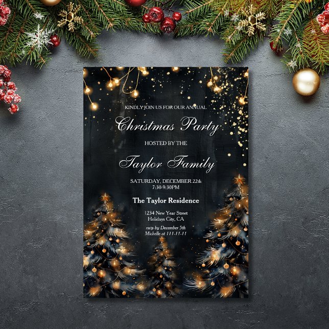 Elegantes Winter Gold Glitzer Weihnachtsbaum Party Einladung (black christmas tree with gold glitter lights)