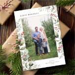 Elegantes Winter Greenery Botanisches Weißes Foto Feiertagskarte<br><div class="desc">Diese elegante Urlaubskarte verfügt über ein senkrechte Single-Foto, gerahmt von einem wunderschönen Aquarell, Eukalyptus, Heiligen und Beeren über einem klassischen weißen Hintergrund. Der bearbeitbare Gruß auf der Vorderseite sagt "Happy Holidays". Die Rückseite der Karte ist eine festliche rote Farbe. Sie können auch ein anderes Foto und/oder einen zusätzlichen Text auf...</div>