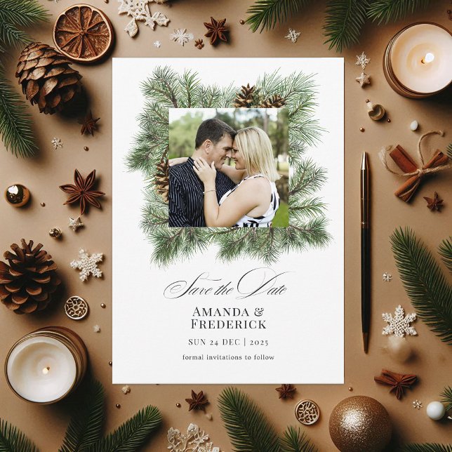 Elegantes Winter Pines Weihnachts-Foto Save The Date (Elegant Winter Pines Christmas Wedding Photo Save The Date)