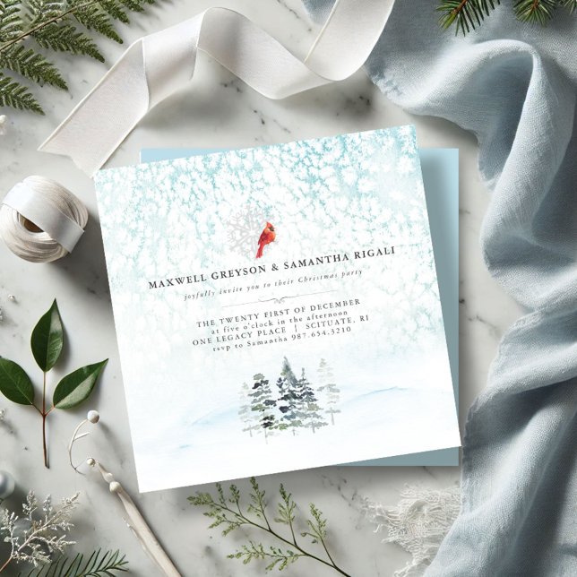 Elegantes Winter Pines Weihnachts-Party Einladung (Christmas party invitations watercolor pine trees red cardinal wintery scene minimalistic)
